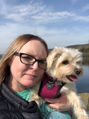 Accounts Manager, Lindsay Dale on a walk with her dog Lilly on the Underbank Reservoir, Stocksbridge