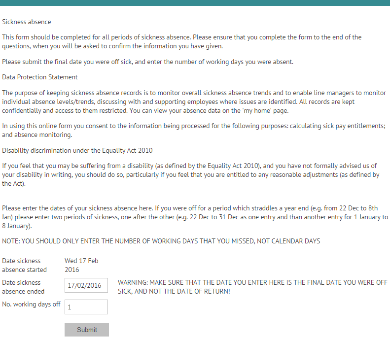 Sickness absence information on myhrtoolkit