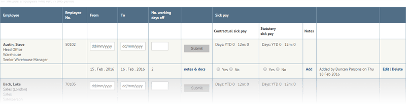 Enter from and to dates for sickness absence