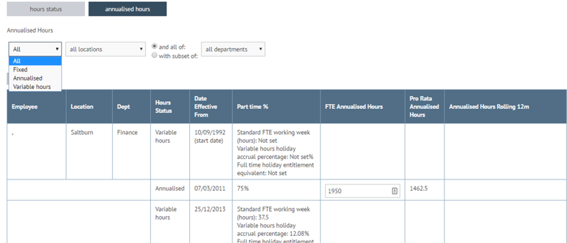 Filter the annualised hours tab