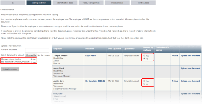 Correspondence document options on myhrtoolkit