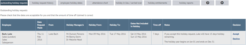 Holiday management outstanding requests