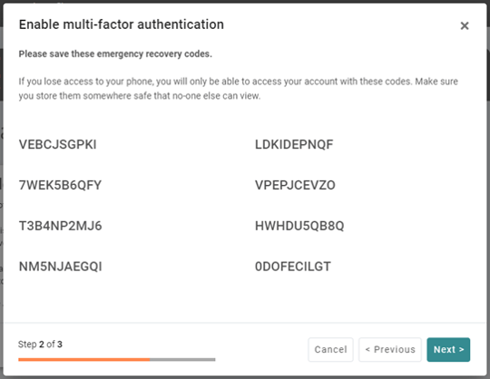 Securely store your recovery codes MFA