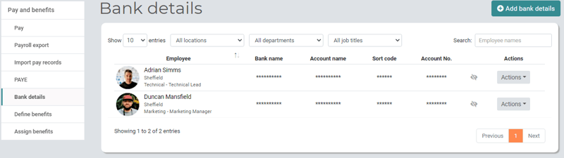 Pay and Benefits Managers Bank details