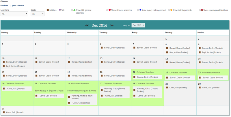 Calendar alerts in staff holiday planner